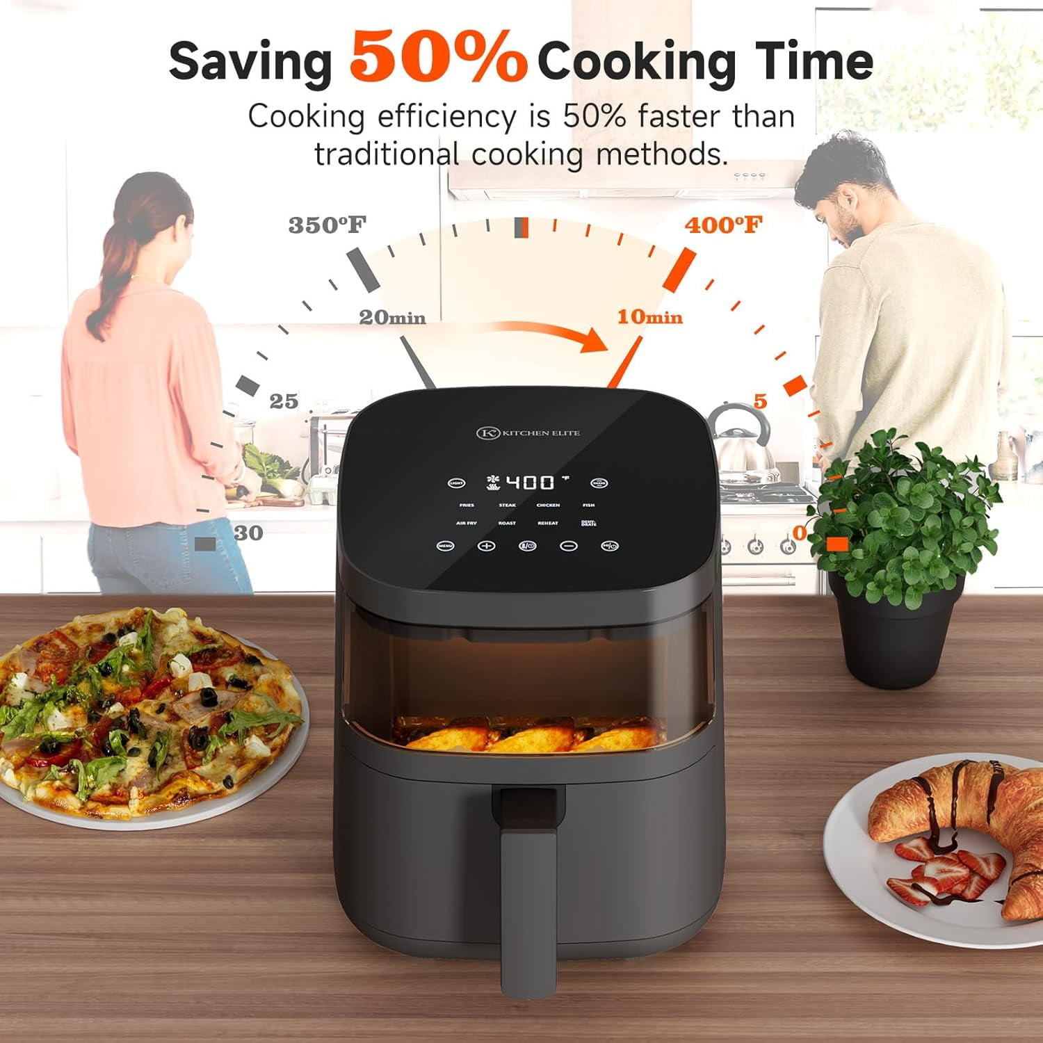 Kitchen Elite Air Fryer with View Window, 8 in 1 Compact Digital Airfryer, 5 °F Precise Control, Saving-Space Design, Nonstick & Dishwasher Safe, Roast, Broil, 1550W, Simple Elegant Gray