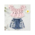 thumbnail image 2 of Genuiskids Kids Little Girls Easter Clothes Set Bunny Rabbit Print Off Shoulder Top Ripped Denim Shorts Set 2PCs Outfits, 2 of 9