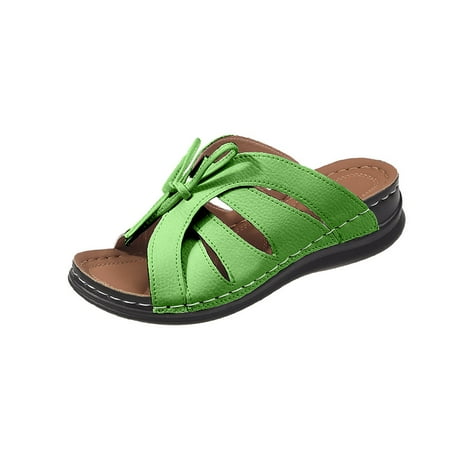 

CHOII Women s Solid Color Wedge Casual Beach Shoes Bow Tie Lace-up Sandals for Ladies Anti-slip Sole Slide Slippers Semi-Open Thong Sandals for Women Clearance! Green/8