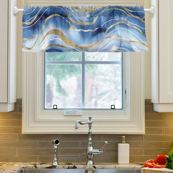 Ryvnso Blue Gold Marble Window Valance Kitchen Farmhouse Rod Pocket Short Curtain 54x18 inch