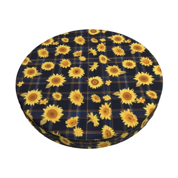 Easygdp Royal Blue Plaid Sunflower Print Easy To Install Bar Stool Covers&Stool Covers Round&Elastic Stool Cover, Barstool Covers,Washable&Bottom With Elastic Edge-13 inch