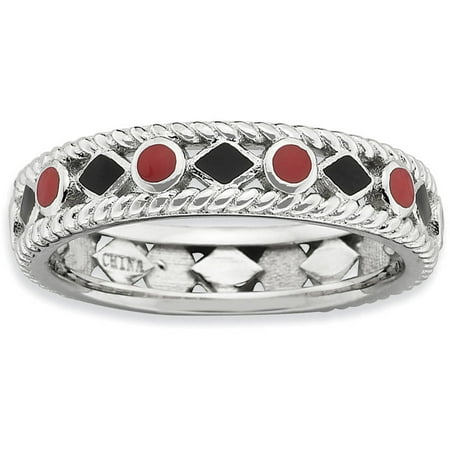 Black White Enamel Rhodium Ring - Sterling Silver Polished Red/Black Enameled Ring