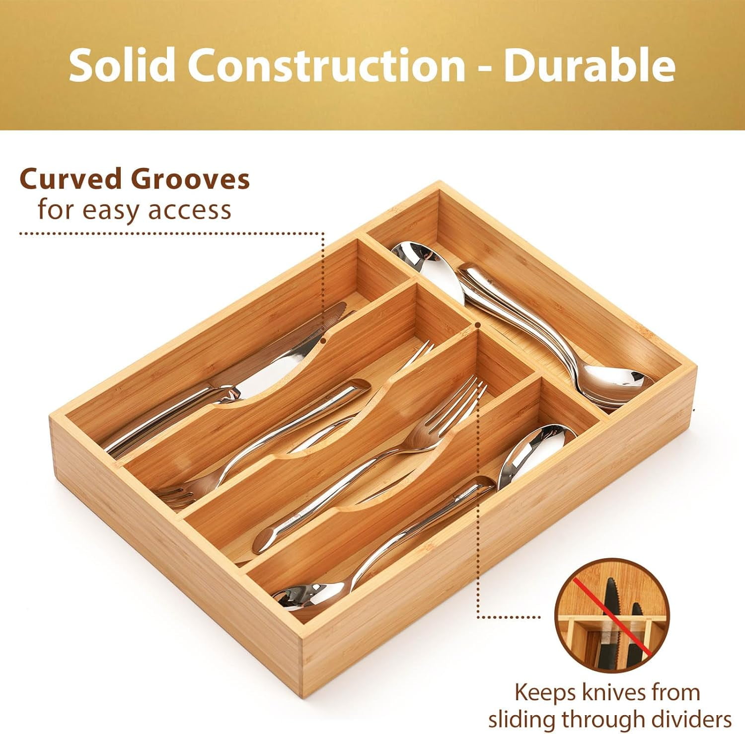 Bamboo Kitchen Drawer Organizer, 9 Inch Silverware Utensils Tray Holder for Small Drawer, Wood Caddy Flatware Cutlery Knives