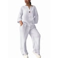 thumbnail image 2 of Womens Cotton Linen 2 Piece Sets V Neck Button Down Long Sleeve Shirt Wide Leg Trouser Sets with Pockets White 4XL, 2 of 7