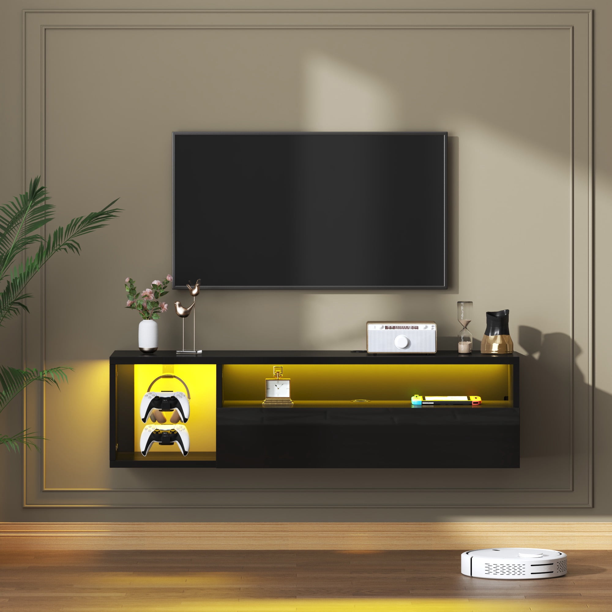 SogesPower 39.3 inches Length Floating TV Stand with Lights,Floating Entertainment Center, Suitable for Maximum Screen Size of 65 Inches,Black