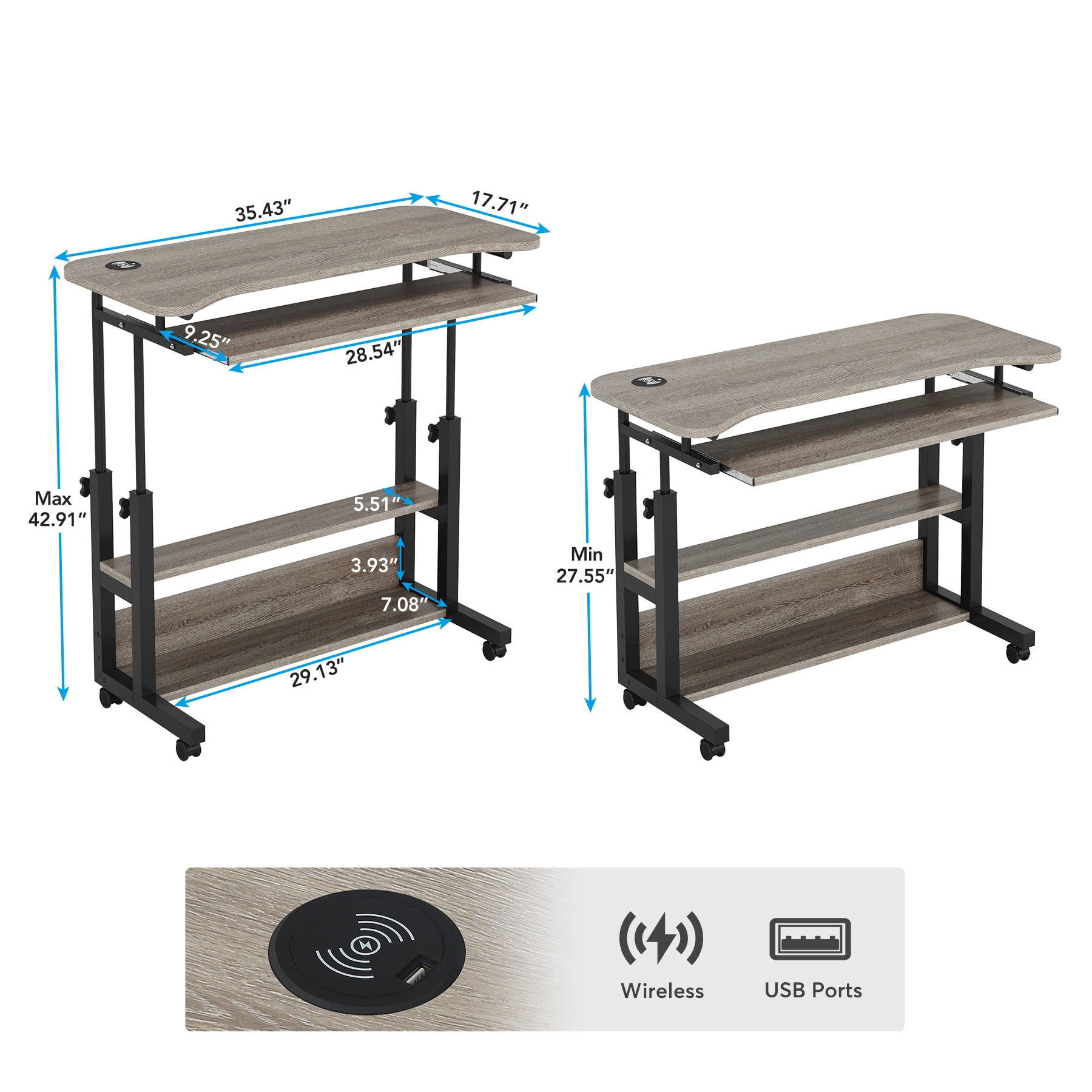 Tribesigns Mobile Computer Desk, Portable Adjustable Height Desk with Power Outlets and Storage Shelves for Home Office, Gray