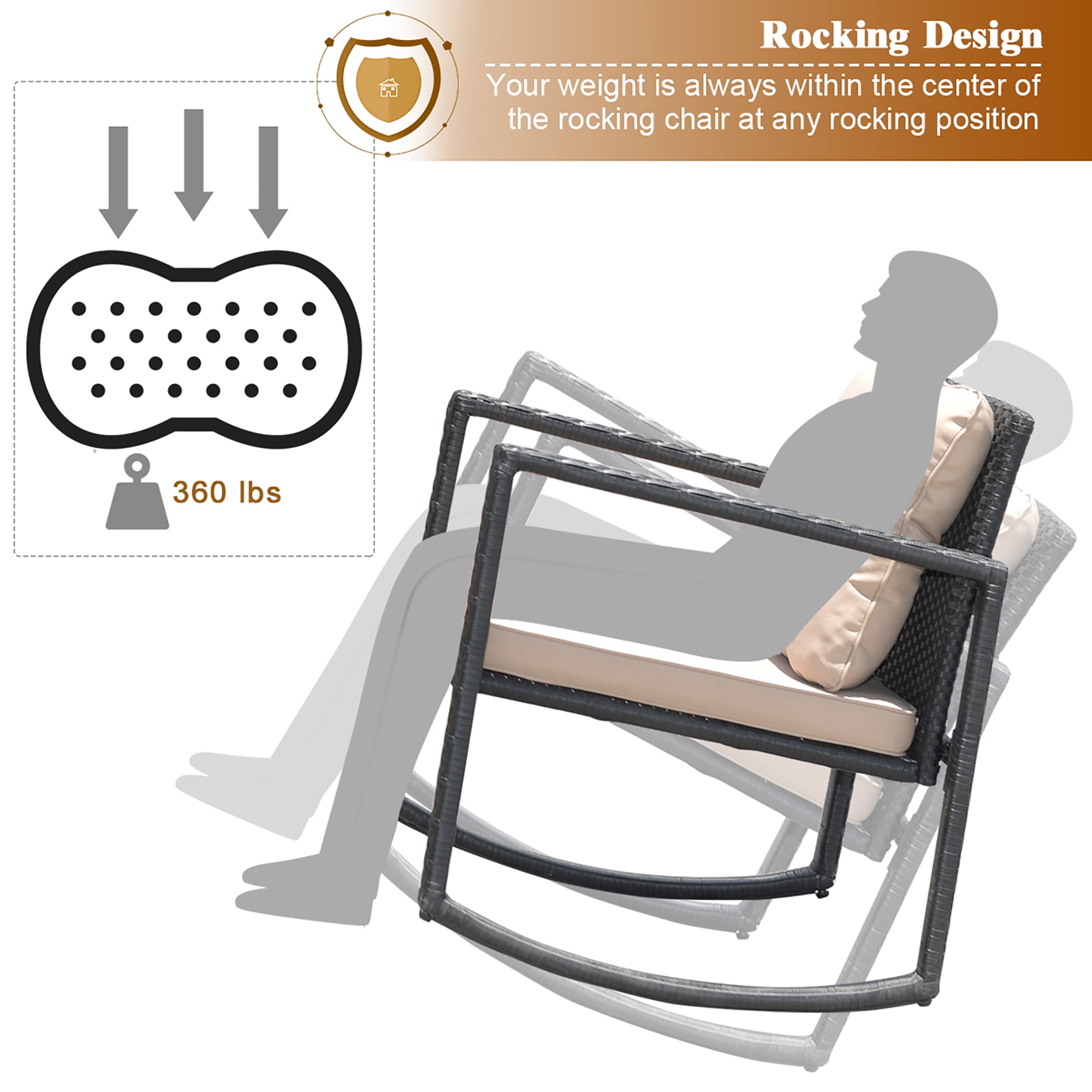 Costway 3PC Patio Rattan Conversation Set Rocking Chair Cushioned Sofa Outdoor Furniture