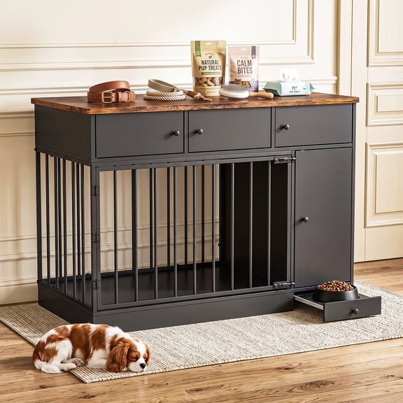 IINNOVZBOM Heavy Duty Furniture Style Crate for Dog with Storage & Dog Bowl Station