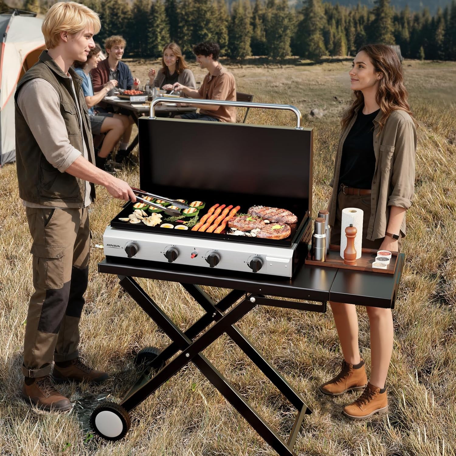TUFFIOM 4 Burner Foldable Propane Griddle with Wheels, Enameled Tray & Lid, Portable Rolling Flat Top Gas Grill with Electronic Ignition & Regulator for Outdoor Cooking Camping BBQ Tailgating