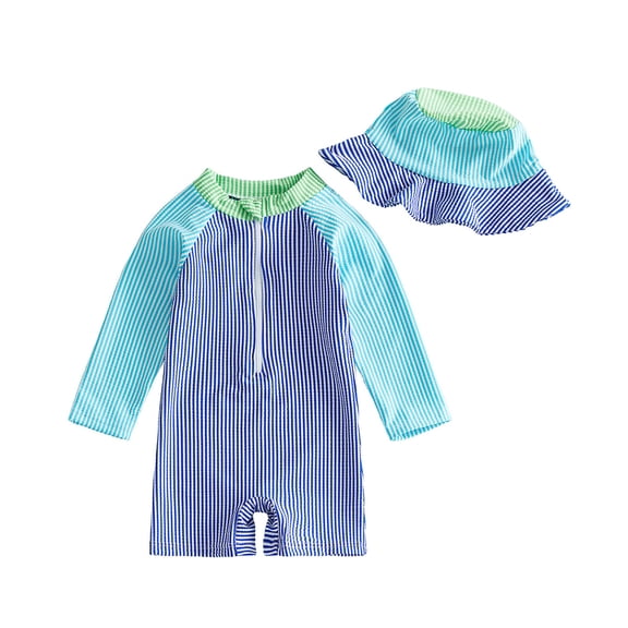 FASHOFT Baby Boy Swimsuit One Piece Long Sleeve Rash Guard Striped Zipper Swimwear Toddler Bathing Suit Beach Outfits Blue