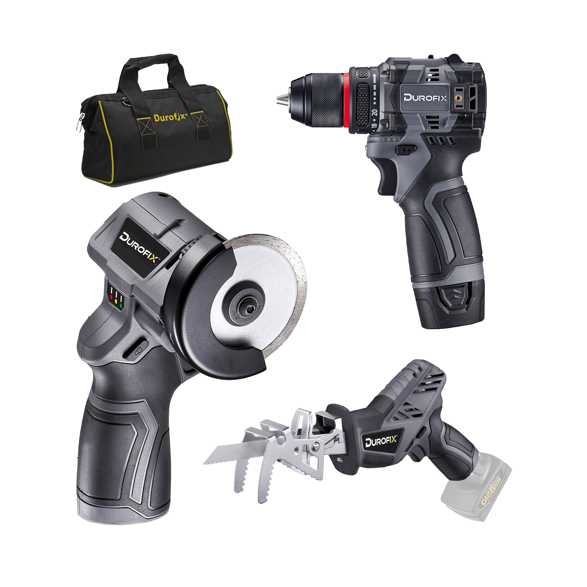 Durofix G12 Series RK12136-2-K2 12V Cordless 3/8" Hammer Drill Power Tool Combo Kit with 3 Inch Compact Cut Off Tool, Reciprocating Saw, 1 Battery & Charger