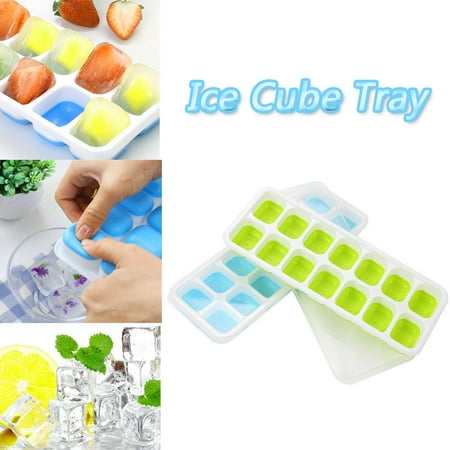 

VKEKIEO 2Pc Covered Ice Tray Set With 14 Ice Cubes Molds Flexible Rubber Plastic St