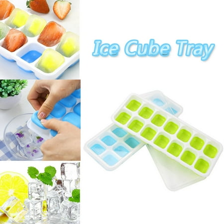 

2Pc Covered Ice Tray Set with 14 Ice Cubes Molds Flexible Rubber Plastic St