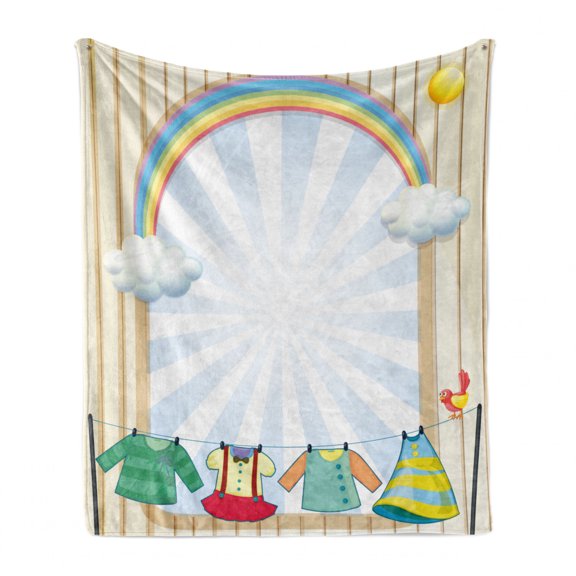 Cartoon Soft Flannel Fleece Throw Blanket, Clothes Hanging Under Rainbow Arch Cloud Sky Laundry Summer Sunshine, Cozy Plush for Indoor and Outdoor Use, 60" x 80", Multicolor, by Ambesonne