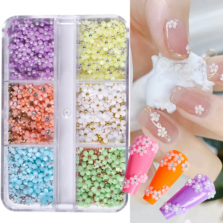 JTWEEN 3D Flower Nail Art Charms, 6 Grids 3D Acrylic Nail Flowers  Rhinestone Light Change Pink Blue Cherry Blossom Acrylic Nail Art Supplies  with Pearls Manicure DIY Nail Decorations 
