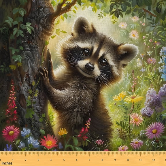 jejeloiu Cute Raccoon Fabric by the Yard 2 Yards, Woodland Animal Wildlife Room Decor Fabric by the Yard, Colorful Floral Fabric for Sewing, Ultra Soft Home Decor