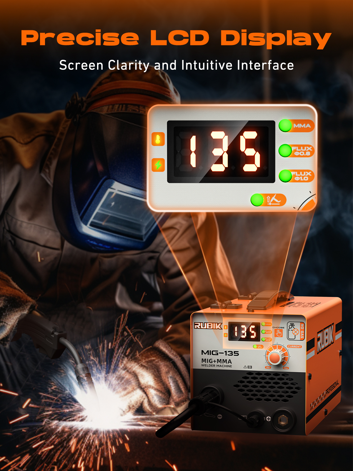 Rubik 135A Welder 3-in-1 Welding Machine Supports MIG 110V Welding Machine with IGBT Inverter, LCD Digital Display MIG/Lift TIG/Stick Capabilities