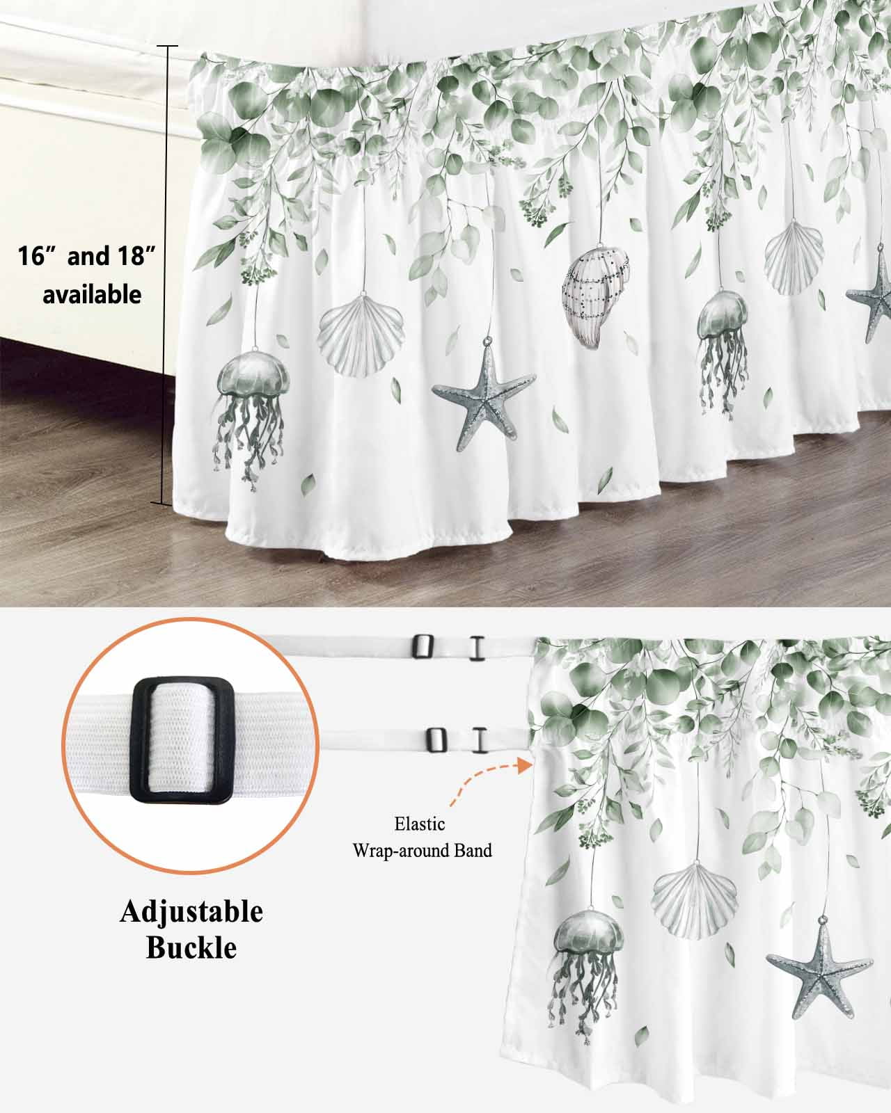 Sage Green Coastal Wrap Around Bed Skirts for Queen Bed 18" Drop,Bed Skirt with Adjustable Elastic Belt Dust Ruffle Bed Valance Summer Eucalyptus Leaves Beach Ocean Starfish Conch Bed Frame Cover