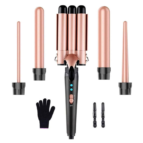 3 Barrel Beach Waver Curling Iron - 5 in 1 Curling Wand Set with Hair Crimper for Women - Fast Heating Wand Curler in All Hair Type