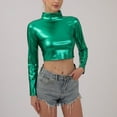 thumbnail image 6 of UYISJ Women's Shiny Metallic Liquid Crop Top Long Sleeve Mock Neck Turtleneck Slim Fitted Crop Top Clubwear Going out Shirts Green L, 6 of 7