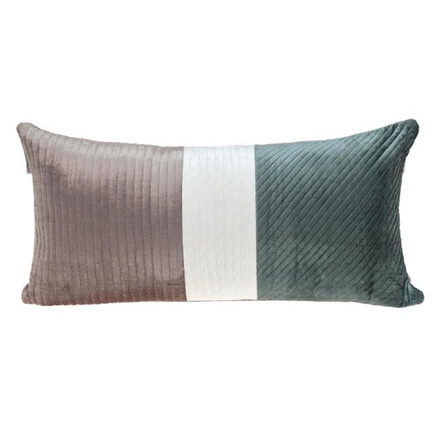 HomeRoots 402648 Taupe & Smokey Green Quilted Colorblock Velvet Lumbar Throw Pillow, Multi Color