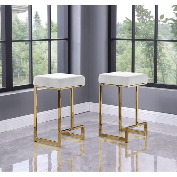 MMGW Set of 2 25" Backless Velvet Counter Height Stools with Gold Metal Base, White