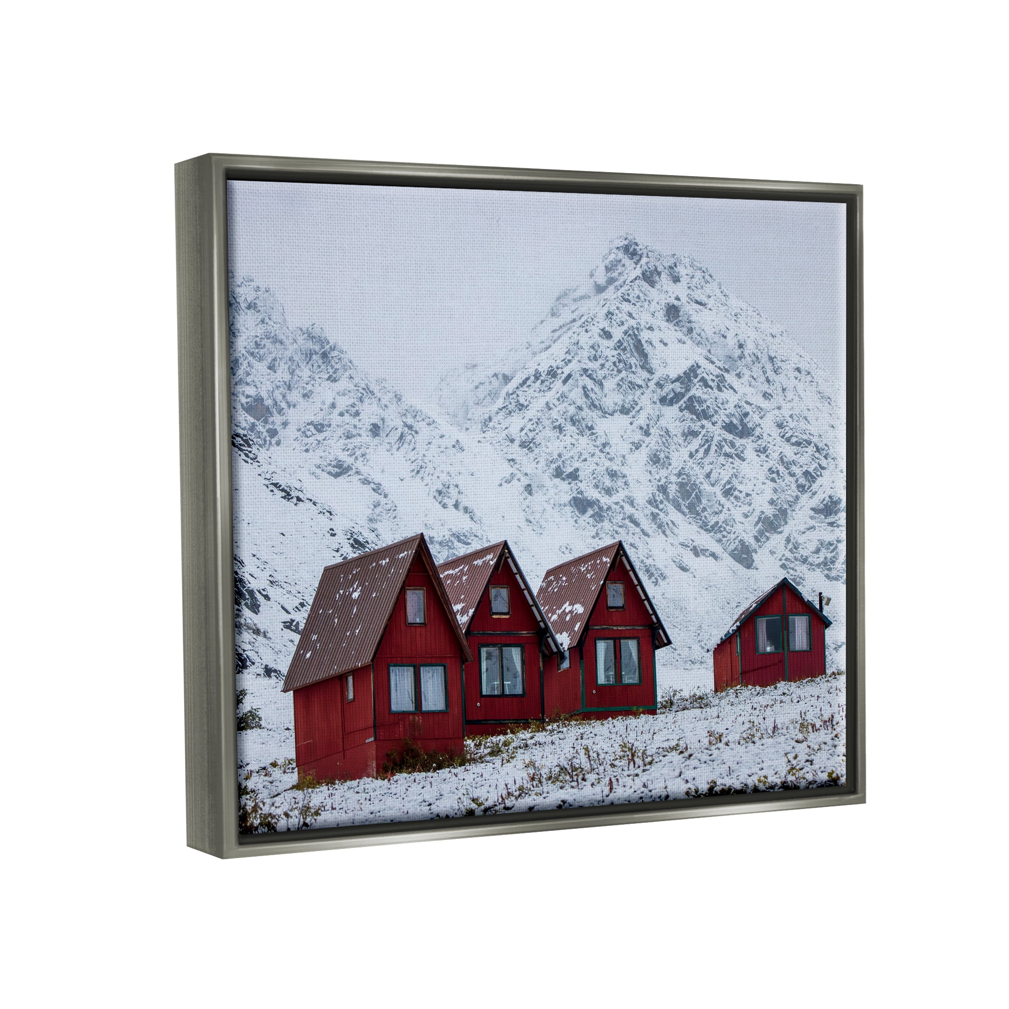 Stupell Industries Snowy Mountain Shacks Landscape Photography Gray Floater Framed Canvas Art Print Wall Art, 31 x 25