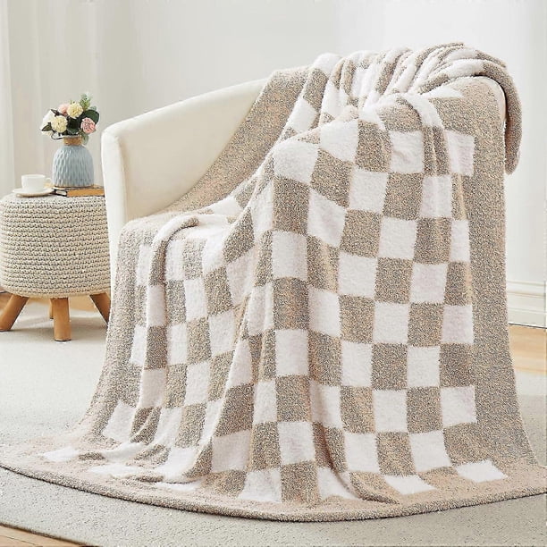 Checkered Throw Blanket, Beige Throw Blanket Super Soft Plaid Throw Blanket