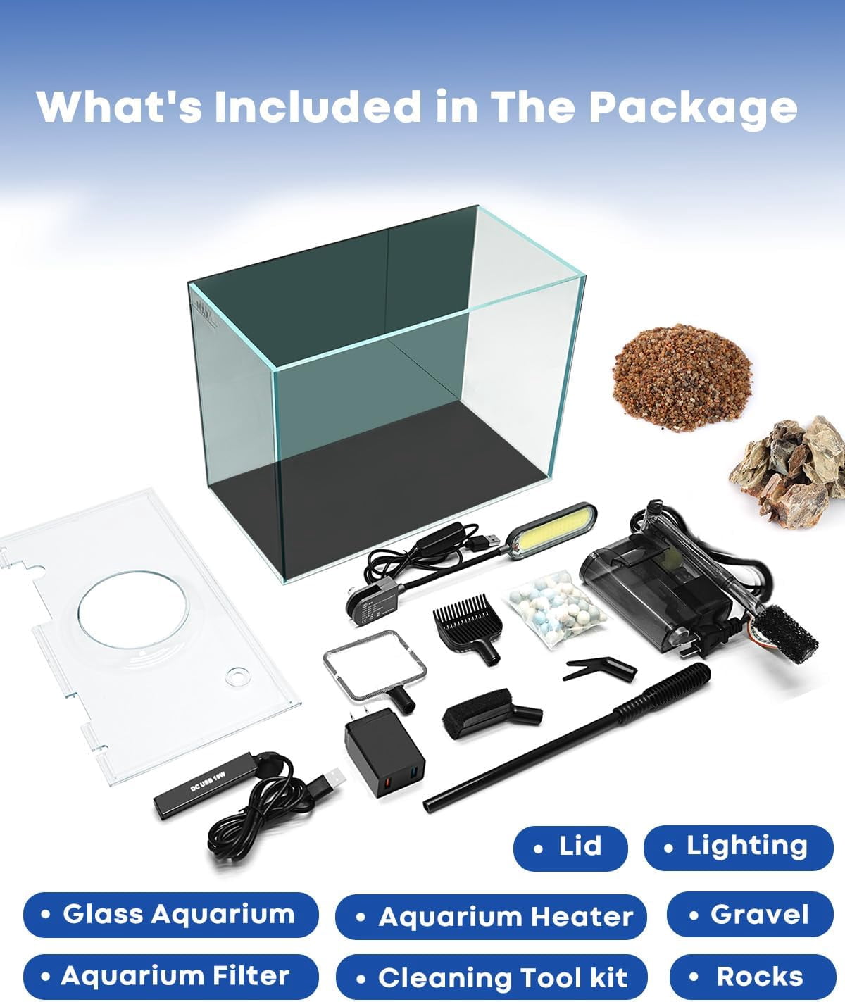 Desktop Small Aquarium Set Glass Fish Tank 1.25 Gallon, with Water Pump Filter Bright LED Light Gravel Cleaning Tool, Starter Kit Small Space Easy Setup Space-Saving Design Betta Shrimp