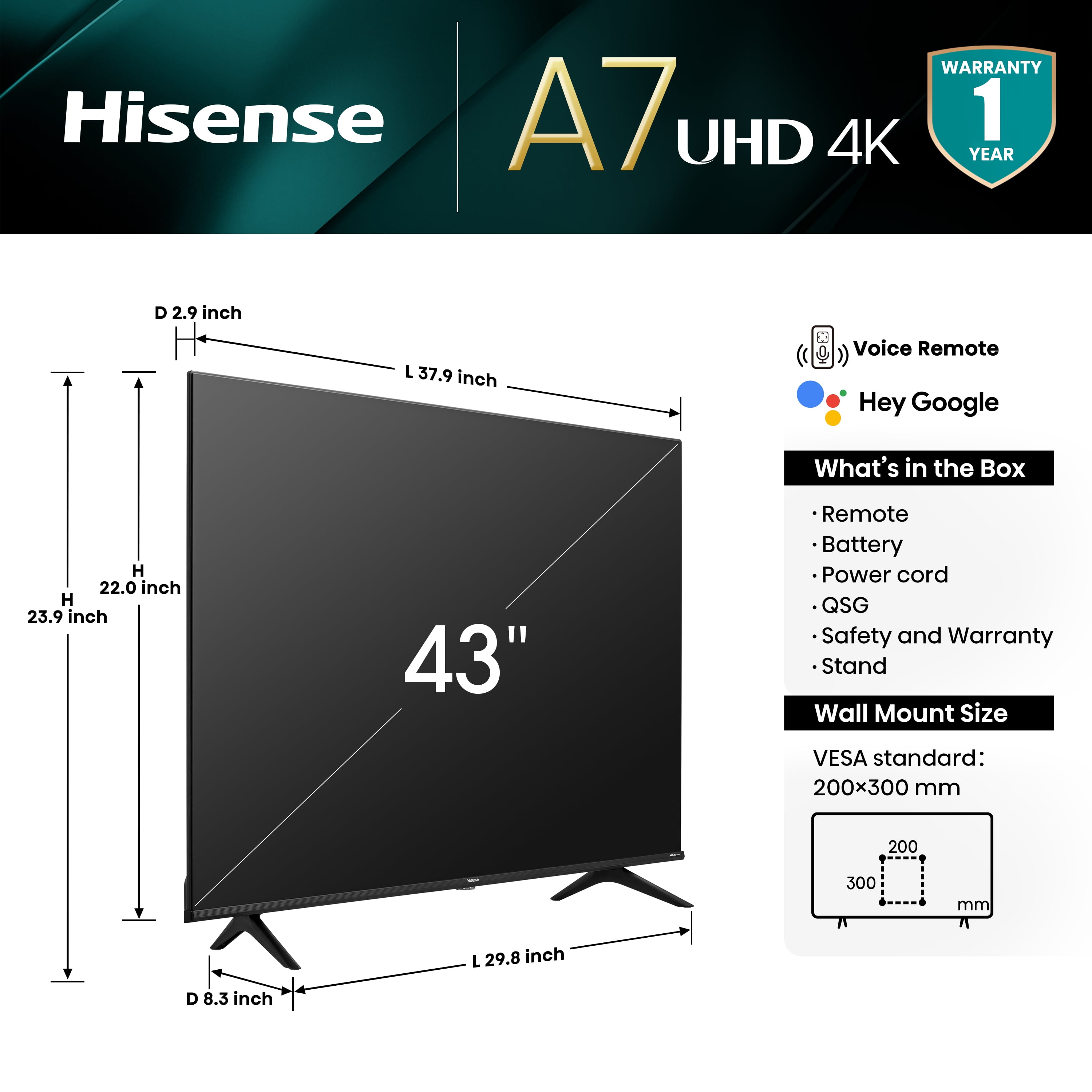 Hisense 43-Inch Class A7 Series Dolby Vision HDR 4K UHD Google Smart TV (43A7N)