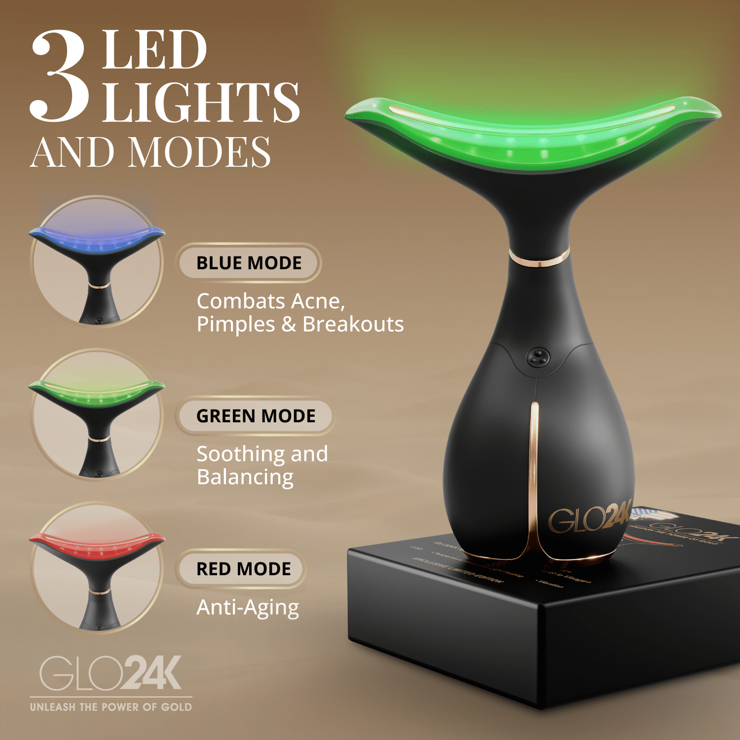 GLO24K 3-in-1 LED Light Therapy Face & Neck Massager, Anti-Aging Skin Tightening Device with Red Light, Vibration & Thermal Technology for Wrinkles, Firming & Radiant Skin
