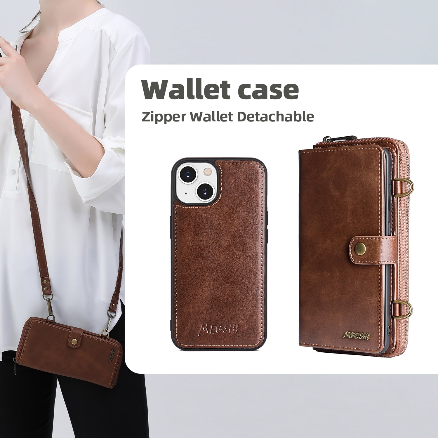 ELEHOLD Flip Wallet Case for iPhone 14 PU Leather Purse Case with Large Capacity 13 Card Slots Zipper Pocket Kickstand Magnetic Detachable Case Cross Body Shoulder Strap Shockproof Protective,Brown