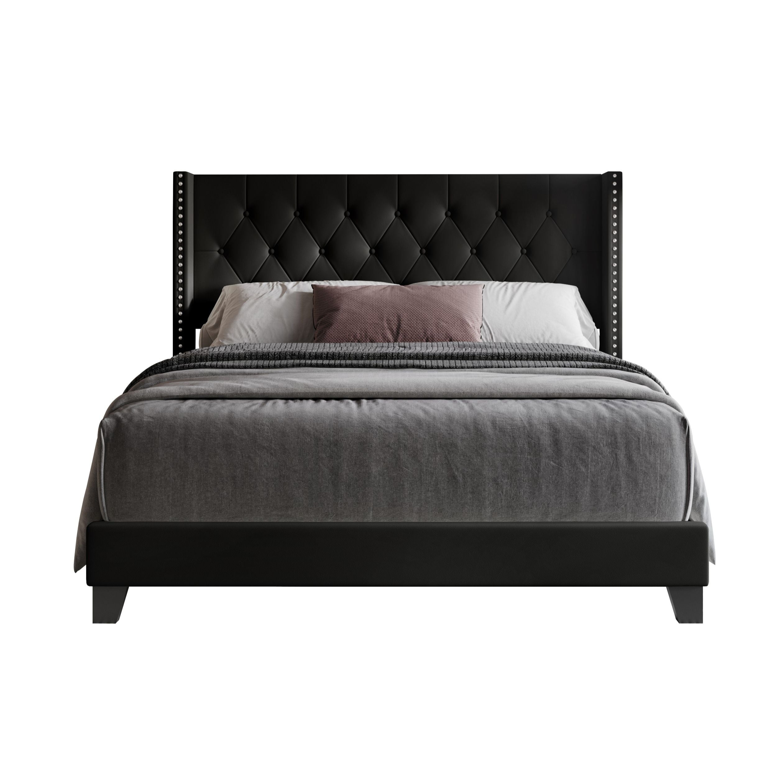 Home Design Homer King Button-Tufted Wingback Upholstered Panel Bed Frame with Nailhead Trim design for Adult, Black, Easy Assembly
