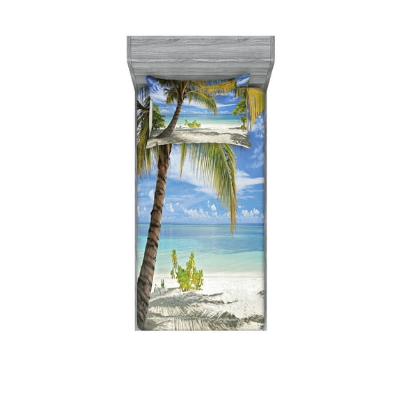 Ambesonne Tropical Fitted Sheet & Pillow Sham Set, Palm Trees Coastline, Twin, Coconut and Blue
