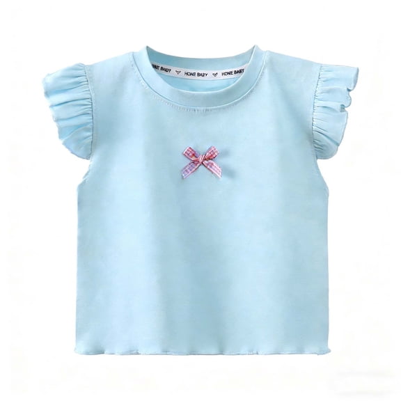BFHHYA Girls Cotton Ruffle Sleeve Shirts Casual Crew Neck Short Sleeve T-Shirts Solid Color Summer Tops for Girls 1-11 Years