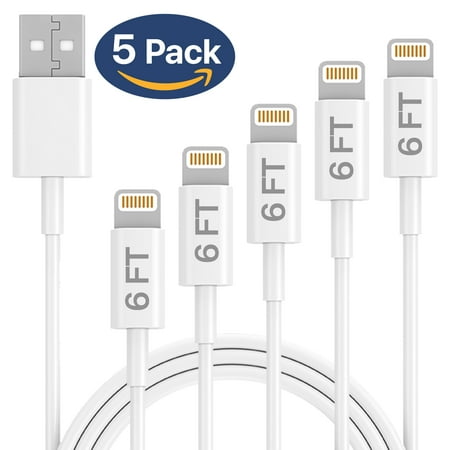 Ixir, Charger Lightning Cable Set, 5 Pack 6FT USB Cable, Compatible with iPhone Xs,Xs Max, XR, X, 8, 8 Plus, Case, Charging & Syncing Cord