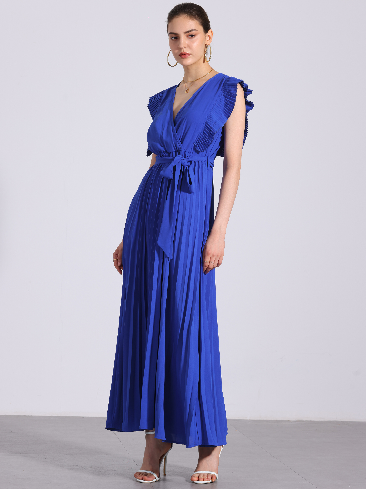 DARING DIVA Maxi Ruffled Sleeve V Neck Pleated Dress S Royal Blue
