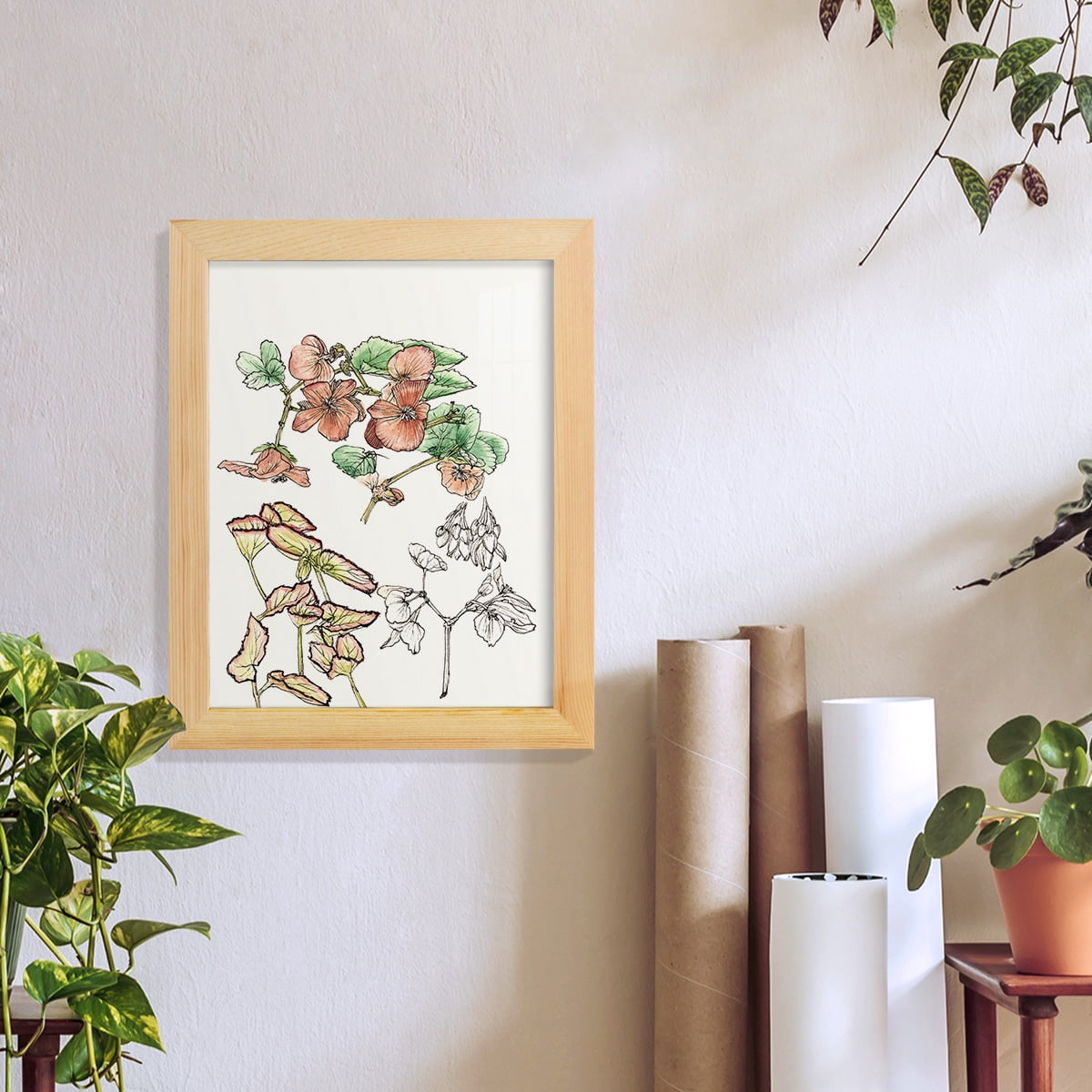 Begonia Study -Framed Print w/glass-Natural Wood