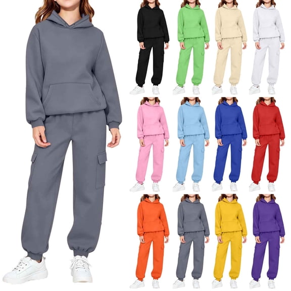 YUANxueke Kids 2-Piece Winter Sweatsuits Boys Girls Hoodie Sweatshirt with Kangaroo Pocket & Tapered Pants,Beige,Sizes 2-14