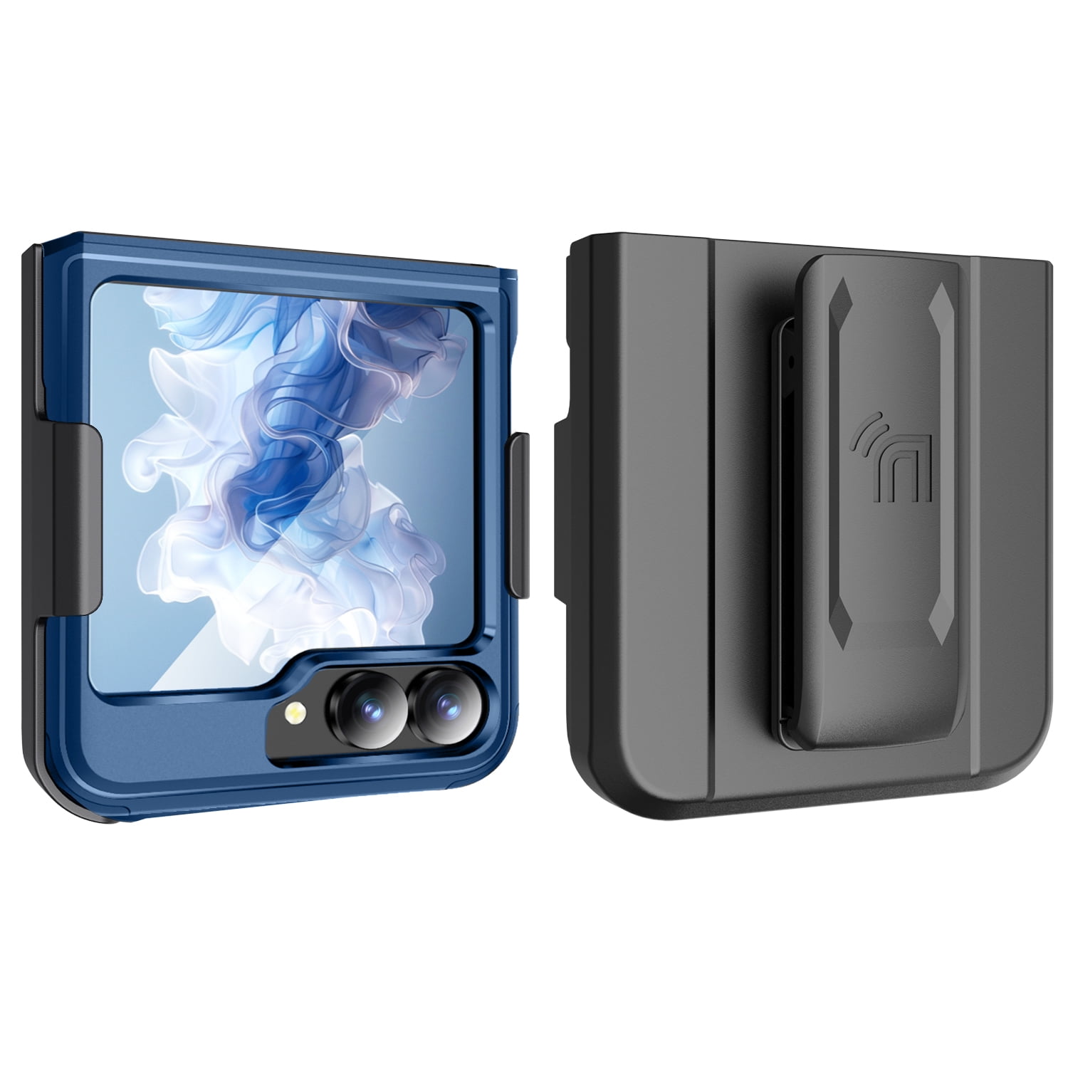 Rizz Case and Belt Clip Combo for Samsung Galaxy Z Flip 6 Phone, Nakedcellphone Rugged Hybrid Cover [with Hidden Hinge Panel Protection] and Rotating Holster Holder for Z Flip6  - Navy Blue