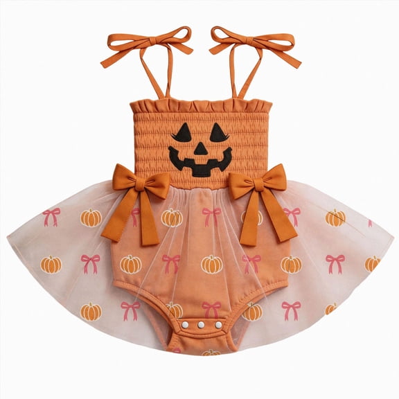 mgoYE Newborn Baby Girl Halloween Clothes Halter Pumpkin Romper Tulle Dress Infant Fall Outfits(Orange,3-6 Months)