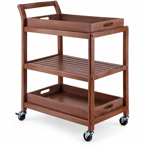 Mobile Solid Wood Kitchen Cart with Dual Detachable Serving Trays, Slatted Rack, and Lockable Casters - Multi-Functional Bar Cart for Kitchen Dining