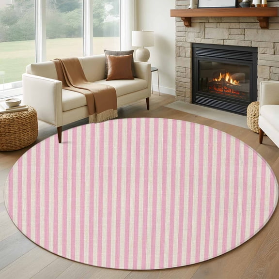 Round Area Rug 7 Ft, Pink Striped Washable Non-Slip Circle Carpet for Living Room/Bedroom, Modern Simple Farmhouse Beige Vintage Low-Profile Large Runner Mat Collection Rugs for Indoor