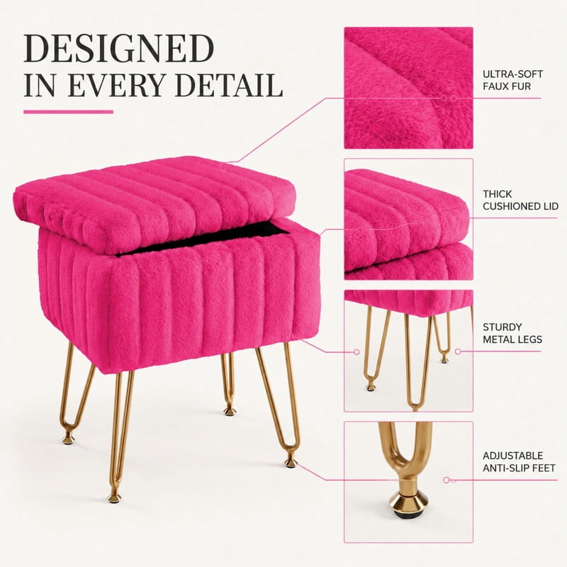 BEAUTYPEAK Vanity Stool with Storage Faux Fur Padded Makeup Ottoman with Gold Metal Legs and Adjustable Feet 18.9" Footstool, Rose