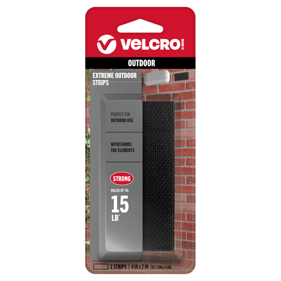 VELCRO Brand Extreme Outdoor Strips, Heavy Duty Superior Holding Power on Rough Surfaces, 4in x 2in Black Adhesive Strips, 2 Count