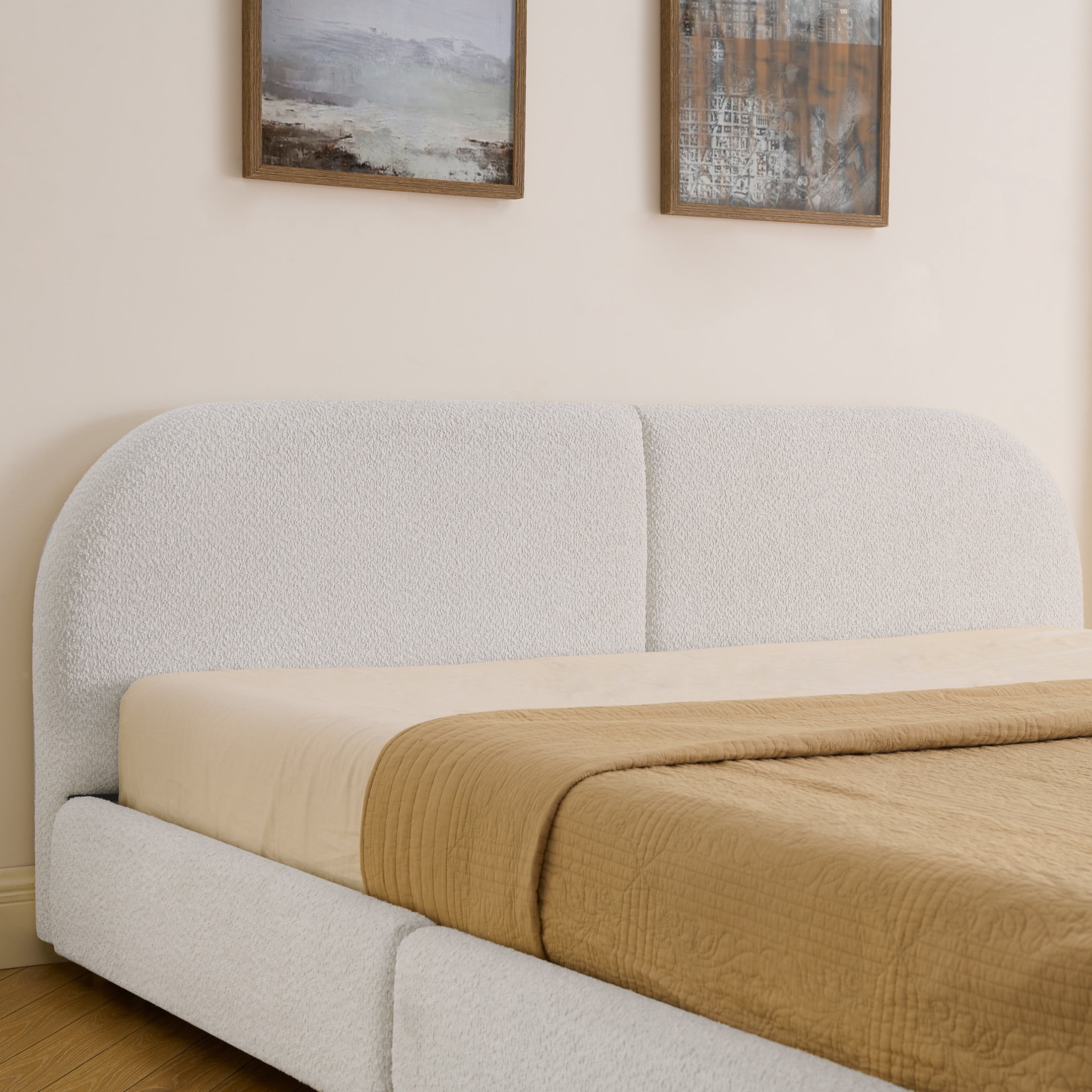 Noble House Elbert King Size Upholstered Bed Frame, Circle Yarn Tall Curved Headboard with Storage Drawers, Beige