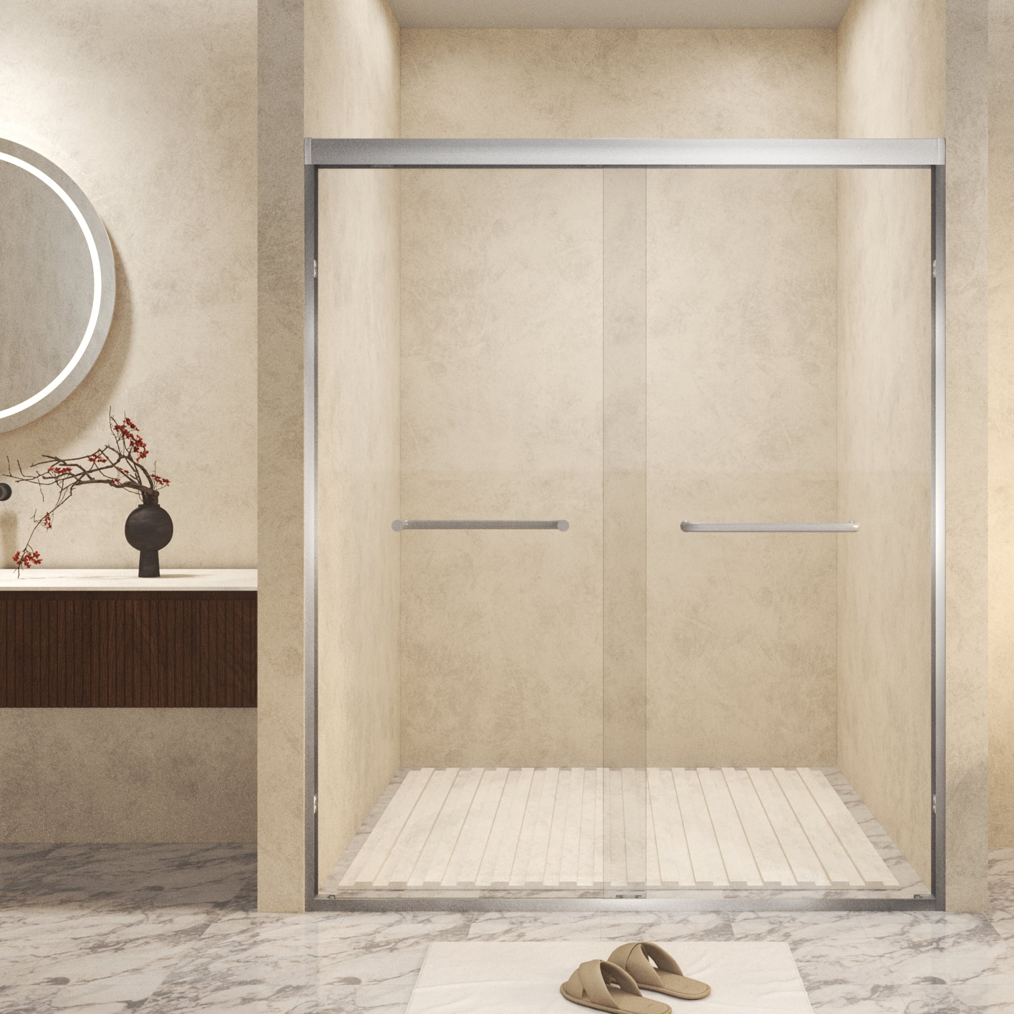56-60 in.W x 72 in.H Double Sliding Framed Shower Door,Clear Tempered Glass,Stainless Steel Frame,Brushed Nickel 02
