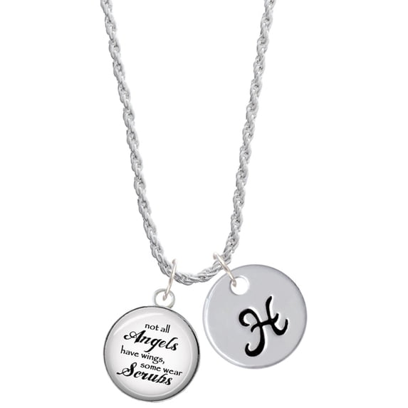 Delight Jewelry Domed Angels Wear Scrubs Silvertone Script Initial Disc - H - Charm Necklace, 20"+3"