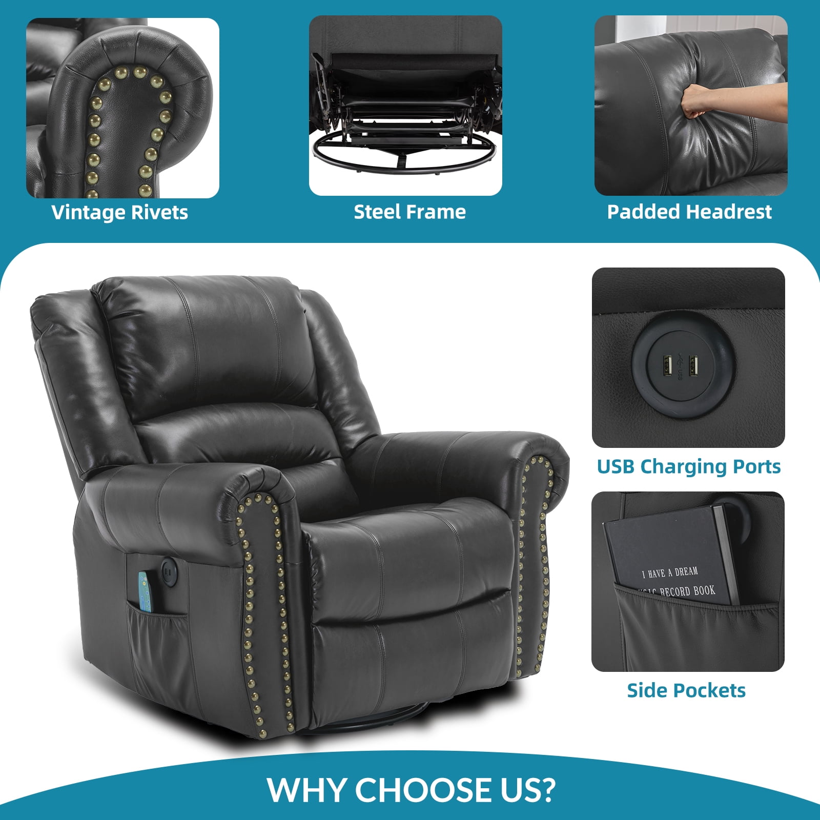 OUINCH Manual 360 Degree Swivel Glider Rocker Recliner Chair with Massage and Heat, USB Ports and 2 Side Pockets, Faux Leather, Grey