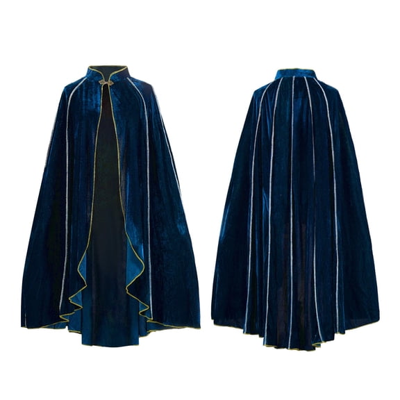 Halloween Velvet Hooded Cloak, Medieval Wizard Robe,Halloween Costume Adult Stand Collar Cape with retro gold trim and hooded cloak for Halloween performance Party outfit,1 PC Royal Blue